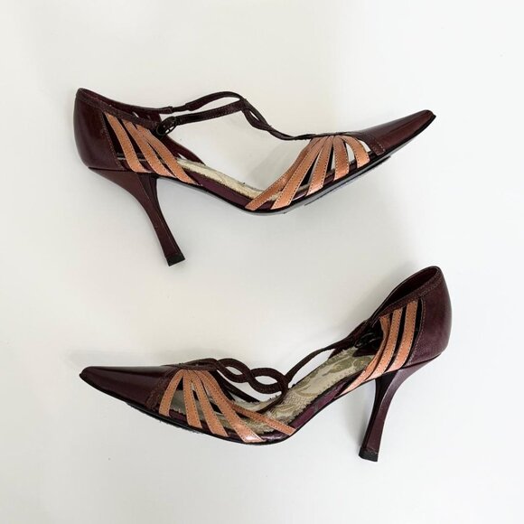 New Burgundy & Tan Strappy Closed Toe Heels Shoes by Charles David, Size 6.5 - Picture 2 of 9